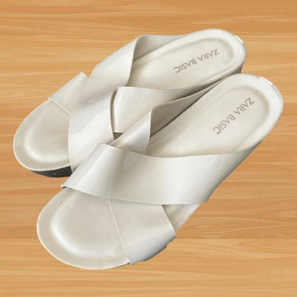 Zara Women’s White Crisscross Cross Strappy Platform Slip on Sandals Size 6